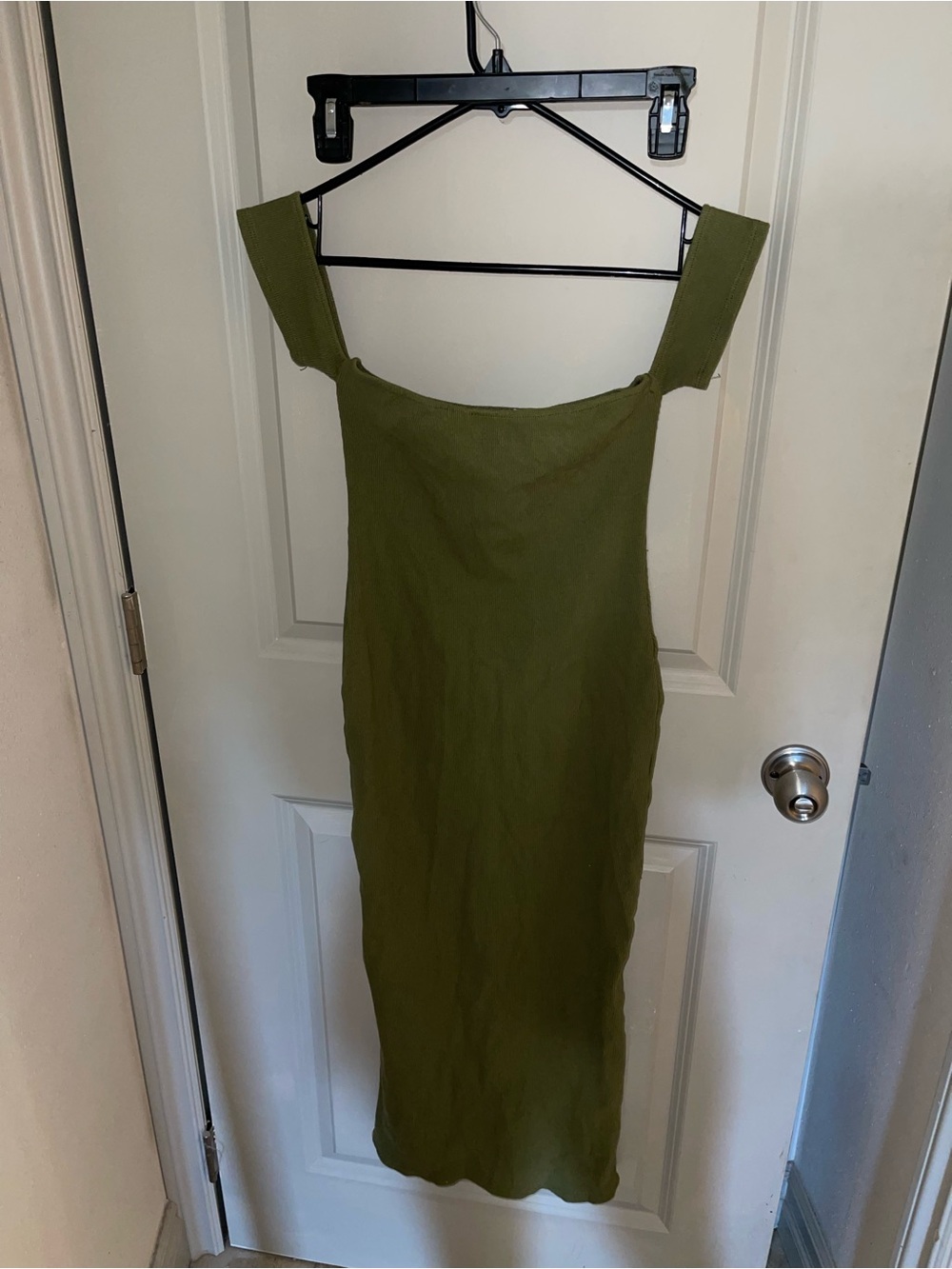 Olive Green Off-Shoulder Bodycon Dress / Blue Long Sleeve Top - Urban Outfitters